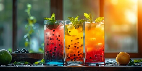 A sunny windowsill set with a refreshing berry tonic cocktail with bubble jellies garnished with...