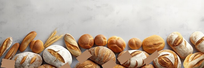 A wide array of freshly baked breads displayed as a top border on a light textured background, perfect for bakery or culinary themes