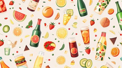 seamless pattern with fruits and bottles of juice
