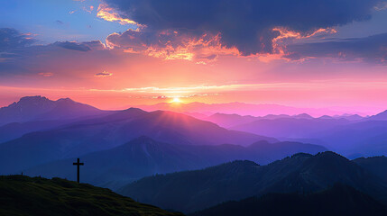 Sunrise Majesty: Cross Silhouette Against Vibrant Mountain Landscape