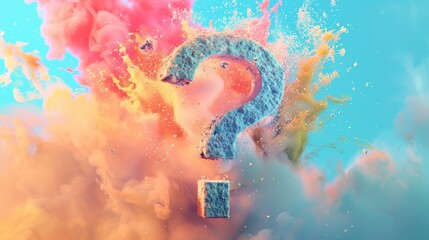 Close-up big colorful question symbol exploding in pastel background