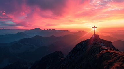 Sunrise Majesty: Cross Silhouette Against Vibrant Mountain Landscape