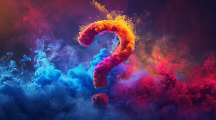 Dynamic image of a fluorescent question mark exploding, pastel hues swirling in the air, perfect for conveying innovative ideas and queries - obrazy, fototapety, plakaty