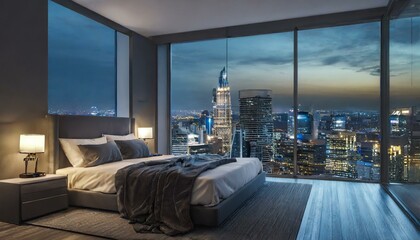 City Nights: Embrace Urban Comfort in a Bedroom with Soft Lighting and a Striking Night Skyline View!"