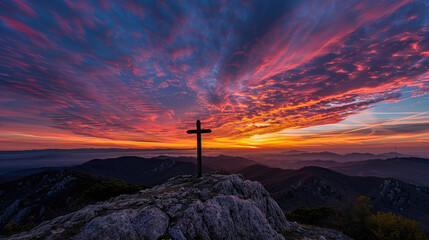 Sunrise Majesty: Cross Silhouette Against Vibrant Mountain Landscape