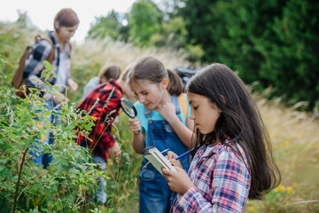 Young students learning about nature, forest ecosystem during biology field teaching class, observing wild plants with magnifying glass. Female teacher during outdoor active education.