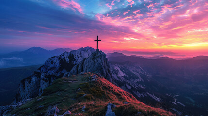 Sunrise Majesty: Cross Silhouette Against Vibrant Mountain Landscape