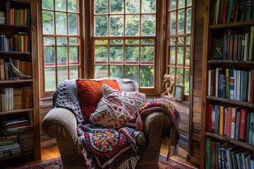 Cozy living room interior with bookshelf and armchair.