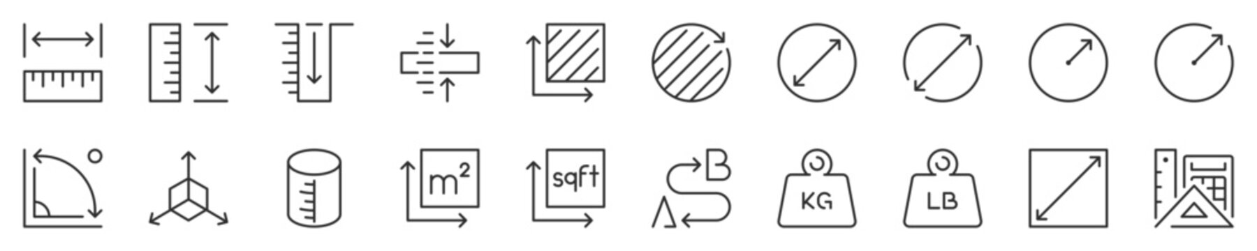 Line icons about length, weight and volume. Contains such icons as ruler, m2, area and more. Editable vector stroke. 512x512 Pixel Perfect in transparent background.