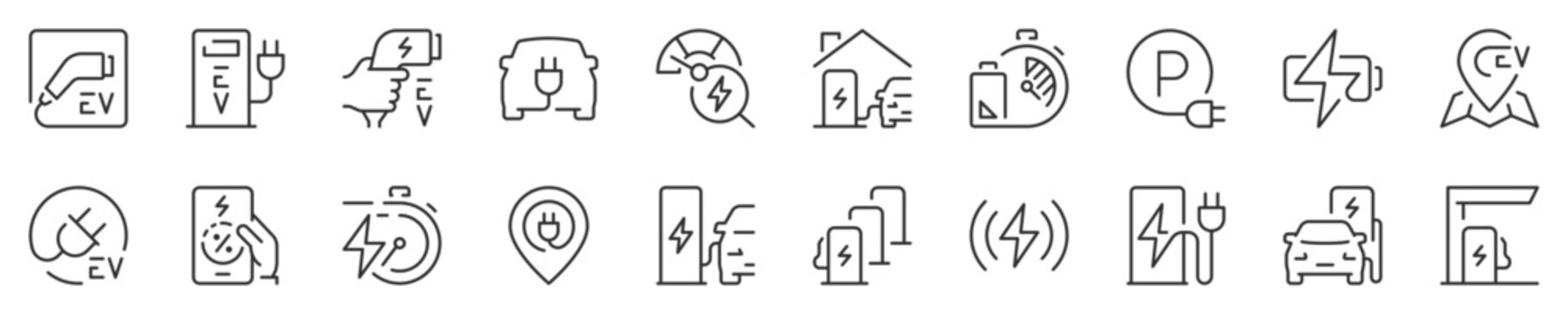 Line icons set about Ev charging stations. Contains such icons as EV, battery charge, status app, Charge point and more. Editable vector stroke. 512x512 Pixel Perfect in transparent background.