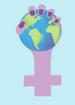 Hand of woman holding Planet Earth against blue background