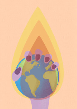 Hand of woman holding lit Planet Earth against colored background