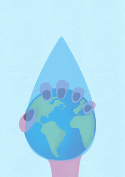 Hand of woman holding Planet Earth with water drop against blue background