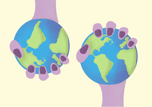 Hands of women holding Earth against colored background