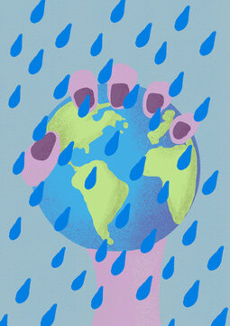 Seamless pattern of rain with woman holding Planet Earth