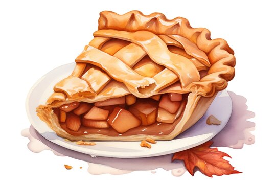 Watercolor illustration of apple pie with caramelized apples on white background
