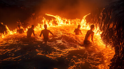 FIre pool party, people have fun in the heated water like lava, the surreal pool from the waterfall in global heat, global warming from climate change concept - obrazy, fototapety, plakaty