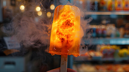 Lava popsicle, a hand holding a heated inferno popsicle, surreal ice cream from global heat, global warming from climate change concept - obrazy, fototapety, plakaty