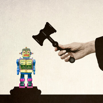 Illustration robot under oversized judge's gavel