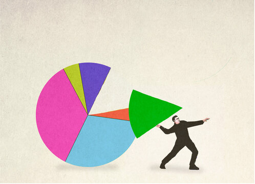 Illustration of businessman throwing pie chart