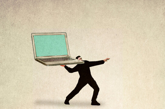 Illustration of businessman throwing laptop computer