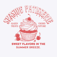 cherry cupcake illustration with the words "seaside patisserie". a graphic that can be used for a t shirt.