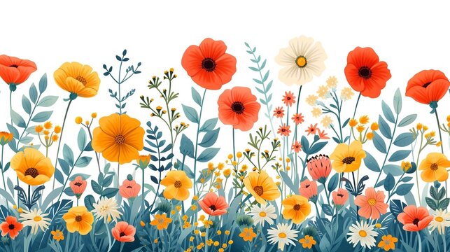 Abstract flowers background. Floral summer drawing with colorful wildflowers on white