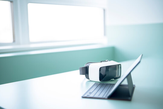 Tablet PC kept near virtual reality simulator on desk