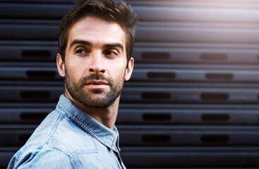 Outdoor, serious and man in fashion, thinking and morning in city, ideas and planning to travel or...