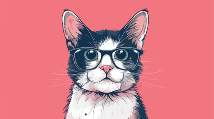 Drawing of a cool boy cat in glasses on a pink background - obrazy, fototapety, plakaty