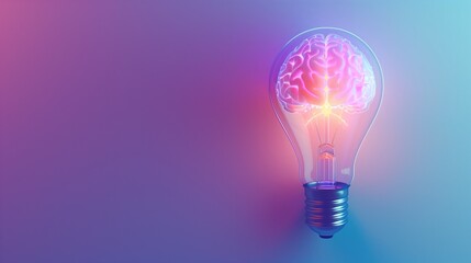 Brain inside of transparent light bulb placed on against blue pastel background, Brainstorming or knowledge. Creative idea of lamp, copy space, generative ai	