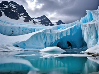  melting glaciers with fast flowing water, illustrating the phenomenon of rapid melting of ice at the poles.  climate crisis, impact of global warming, © Putri182