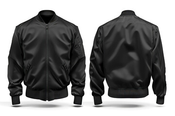 Blank black bomber jacket isolated on white background.