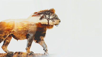 Naklejka premium Double exposure of lion and savanna.