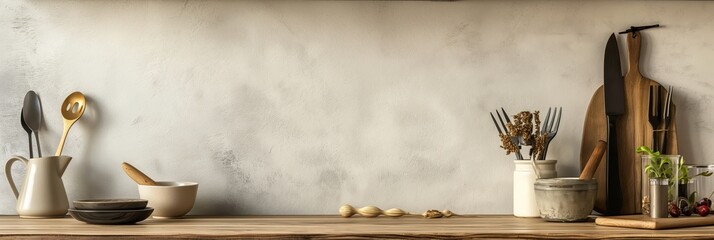 An array of kitchen utensils neatly displayed on a rustic wooden shelf against a blank wall