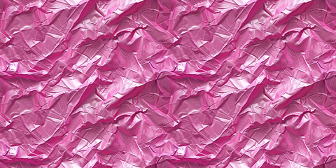 Pink crumpled plastic bag texture seamless pattern, repetitive background, recycling concep