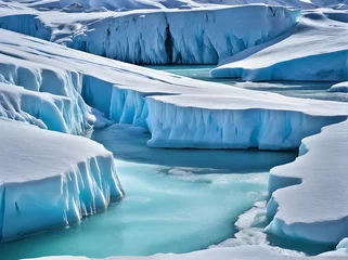  melting glaciers with fast flowing water, illustrating the phenomenon of rapid melting of ice at the poles.  climate crisis, impact of global warming, © Putri182