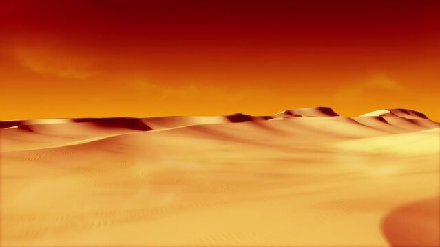 Flying Over Empty Sand Dunes. High Temperature. Wind Moving Sands. Nature Related 3D Animation.