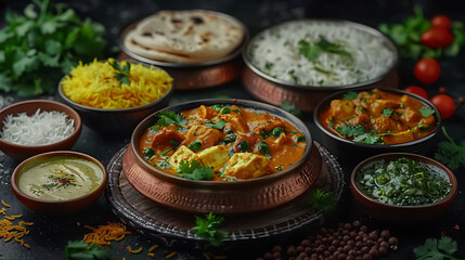 Indian food Curry butter chicken, Palak Paneer, Chiken Tikka, Biryani, Vegetable Curry, Papad, Dal, Palak Sabji, Jira Alu, Rice with Saffron on dark background, hyperrealistic food photography