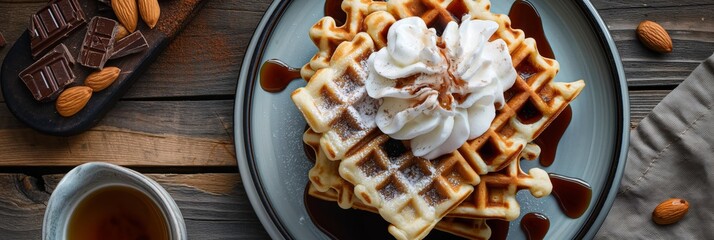 Appetizing image of waffles topped with whipped cream and chocolate syrup, with almonds nearby