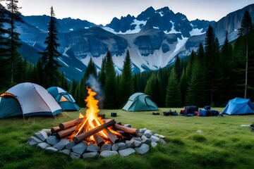 Camping, campfire - obrazy, fototapety, plakaty