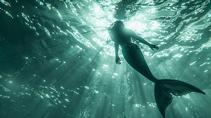 Beautiful mermaid swimming under water with light 