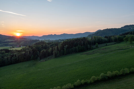 Austria, Lower Austria, Ahornleiten, Green landscape of Mostviertel region at sunrise