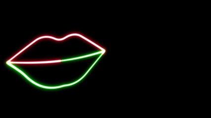 Neon glowing line lips sign, icon animation on the black background. Lip icon neon animation.