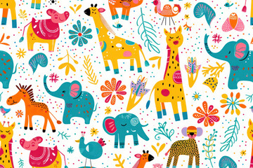 Colorful illustration of assorted animals with party hats and decorations on a cream background