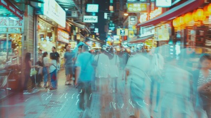The hazy outlines of people rushing in and out of restaurants and shops surrounded by colorful storefronts and bustling city life. .