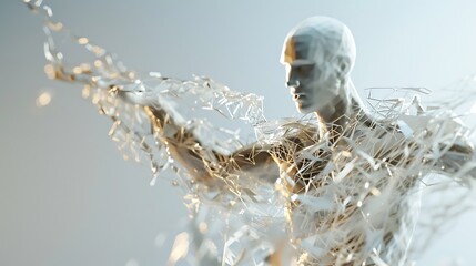 3D rendering of a male figure made of white marble. The figure is muscular and has its arms outstretched. - Powered by Adobe