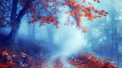 Beautiful mystical forest in blue fog in autumn. 