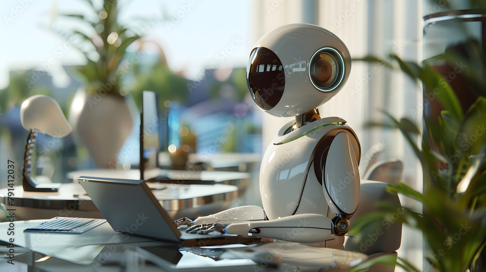 Aufkleber futuristic powered robot collaborating in innovative digital workspace