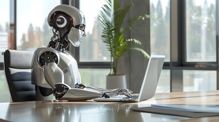 Sleek Metallic Humanoid Robot Typing Rapidly on Slim Laptop at Minimalist Modern Office Desk